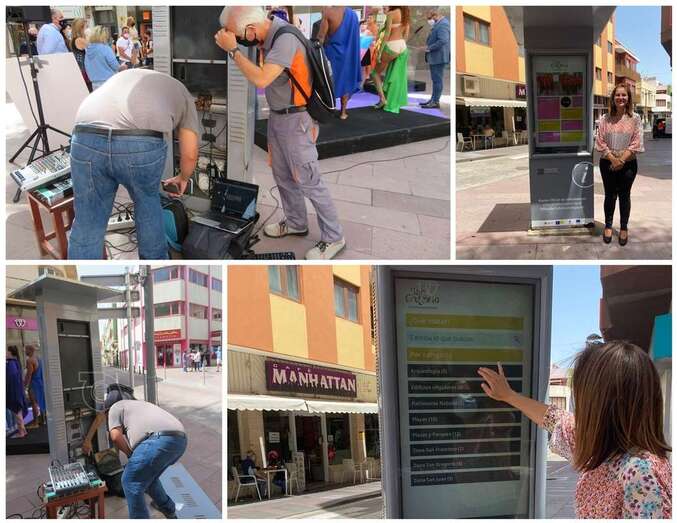 Técnicos de una empresa reparaban hoy el directorio digital y la concejala Lidia Mejías mostraba su alegría por ello/TA.